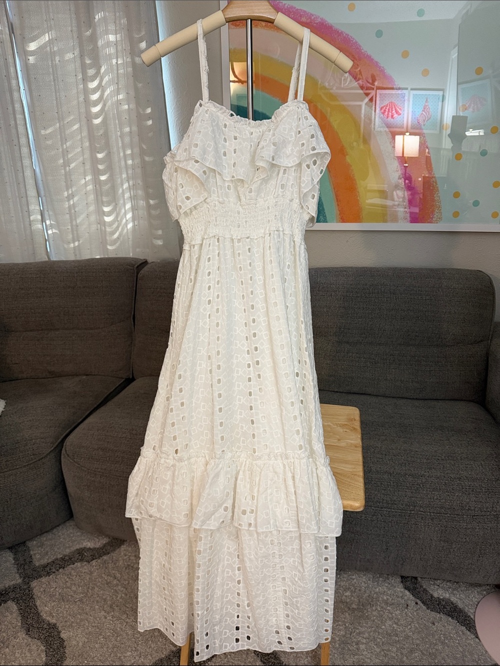 Aqua White Eyelet Ruffle Maxi Dress